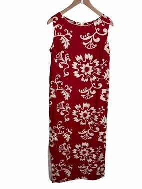 Vintage 70s/80s Hawaiian red & white floral maxi shift dress with side slits M